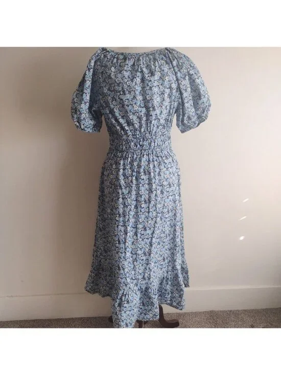 Vineyard Vines Blue Floral Dress L Cotton Puff Sleeves Midi w POCKETS - Picture 10 of 10